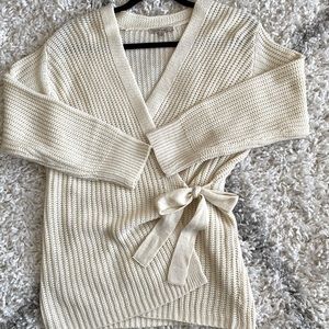 Cream wrap front bow tie sweater